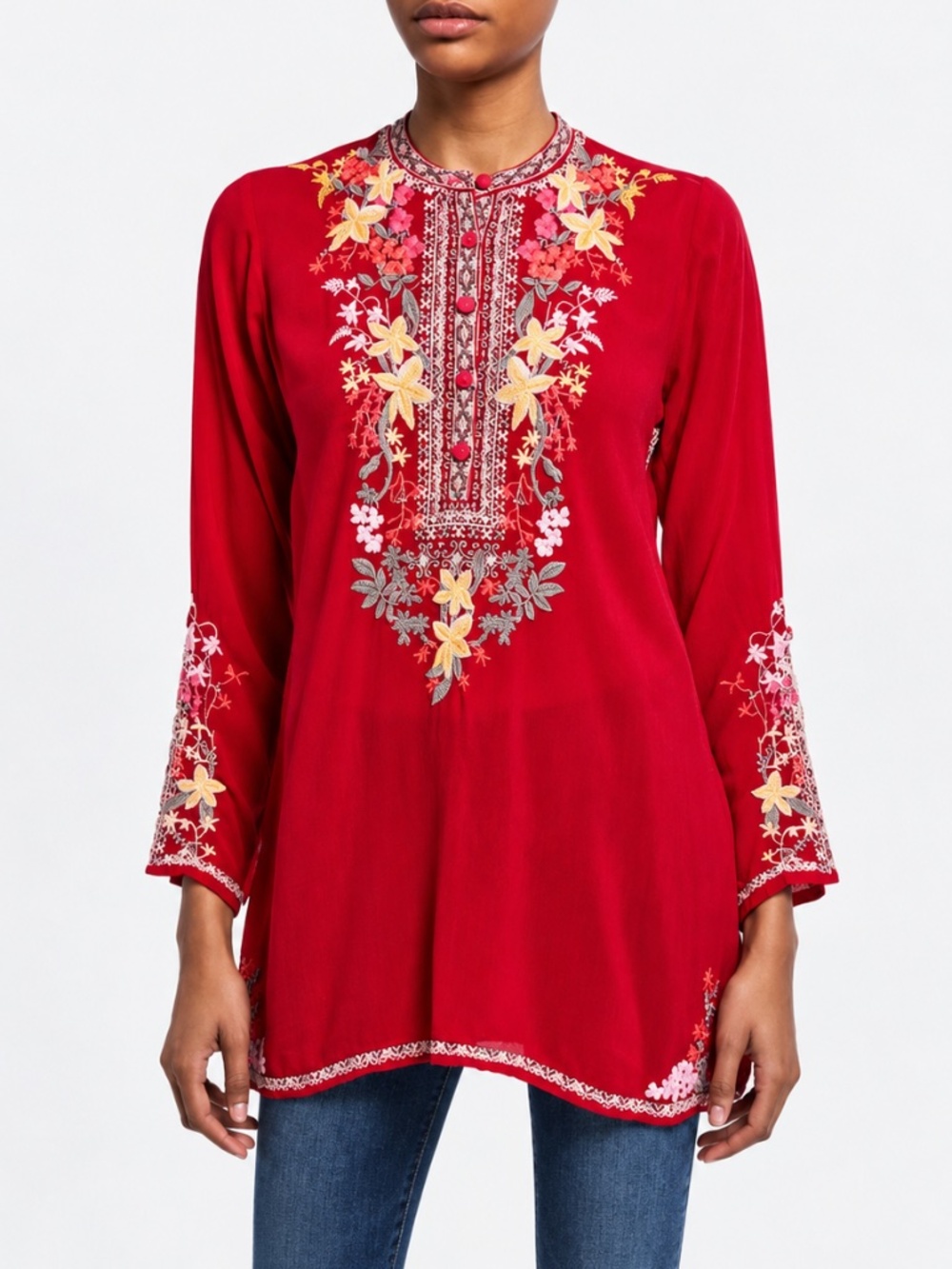 Johnny Was Lilianna Floral Embroidered Tunic Red XS Cupra Rayon
